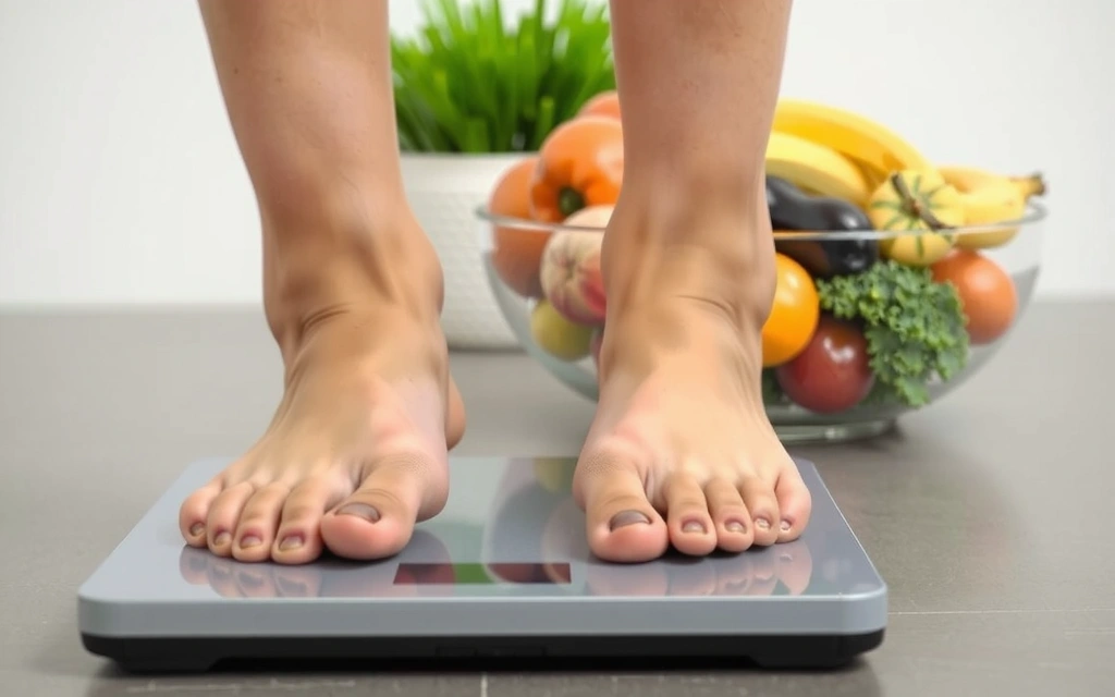 Eine Person auf einer Waage, die ein gesundes Gewicht anzeigt, mit frischem Obst im Hintergrund.